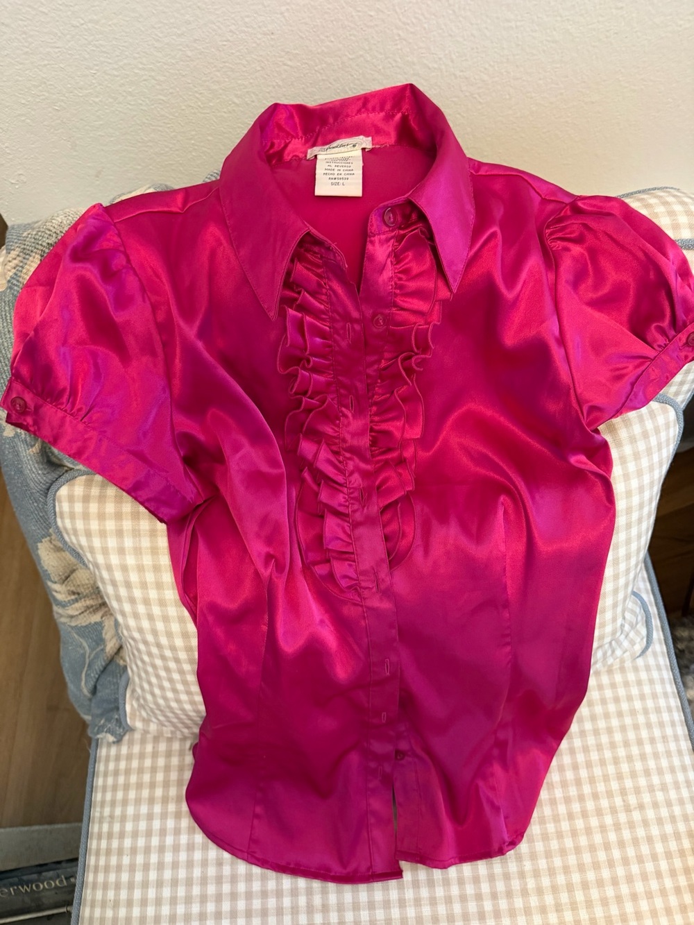 Fuchsia Satin Ruffle Front Short Sleeve Blouse